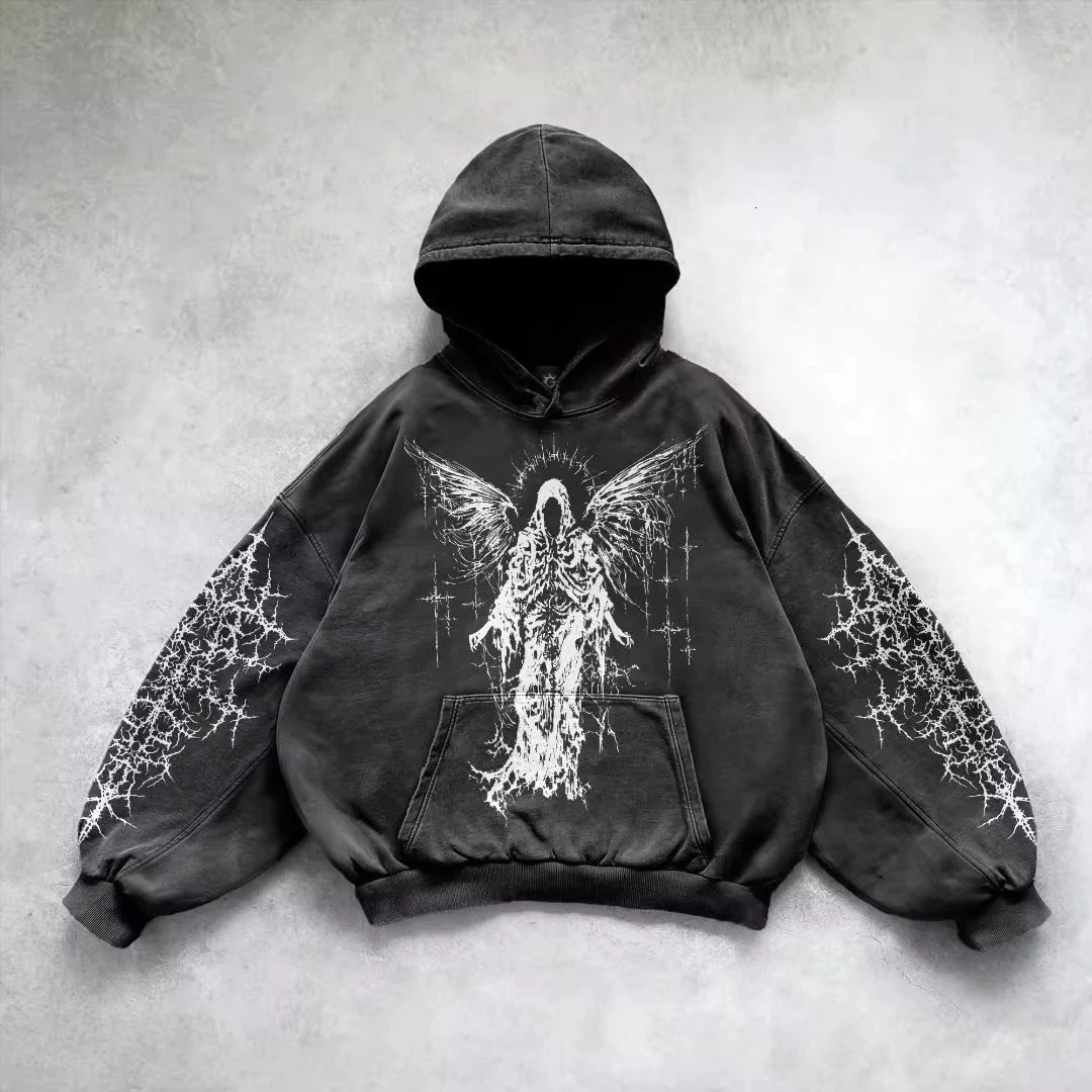 Retro Gothic Graphic Print Hip Hop Hoodie for Men Y2k Grunge Punk Casual Loose Pullover Women Streetwear Sweatshirt Hoodies 250217