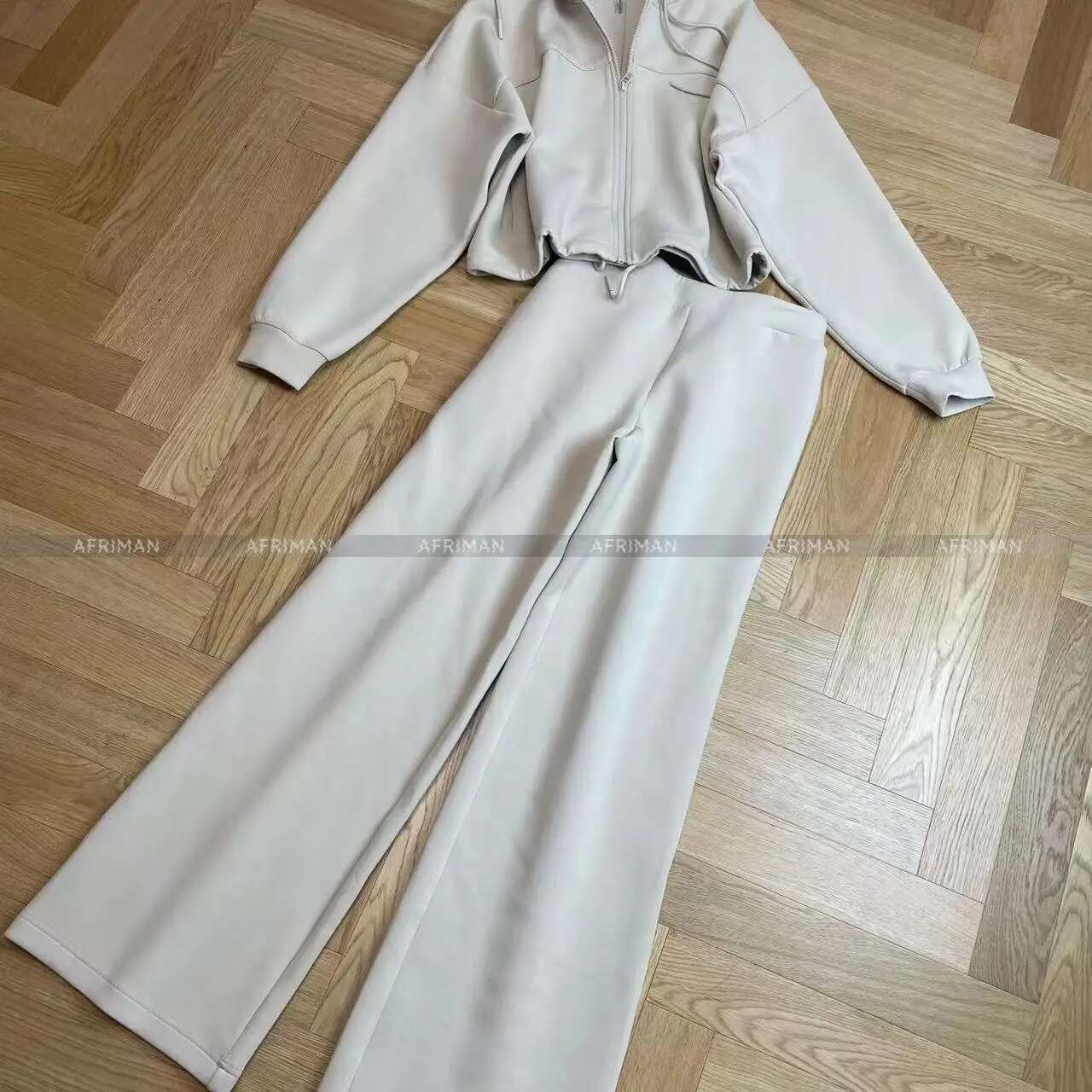 Women Sporty Style Short Cotton Hooded Hoodies Coat or Wide Leg Long Pants Set