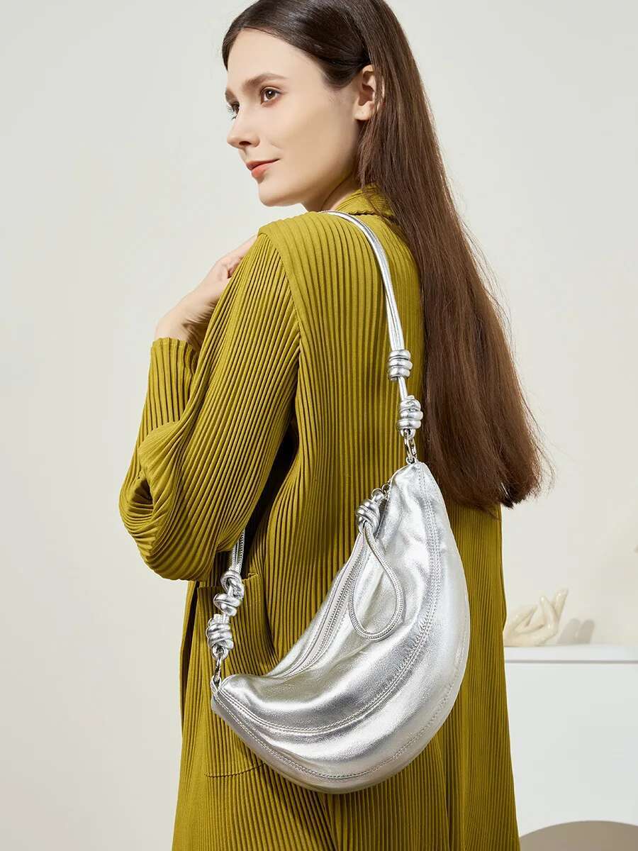 YANATARI Dumpg Leather Soft Leather Large Capacity Minimalist Crossbody Women Female Sier Bag