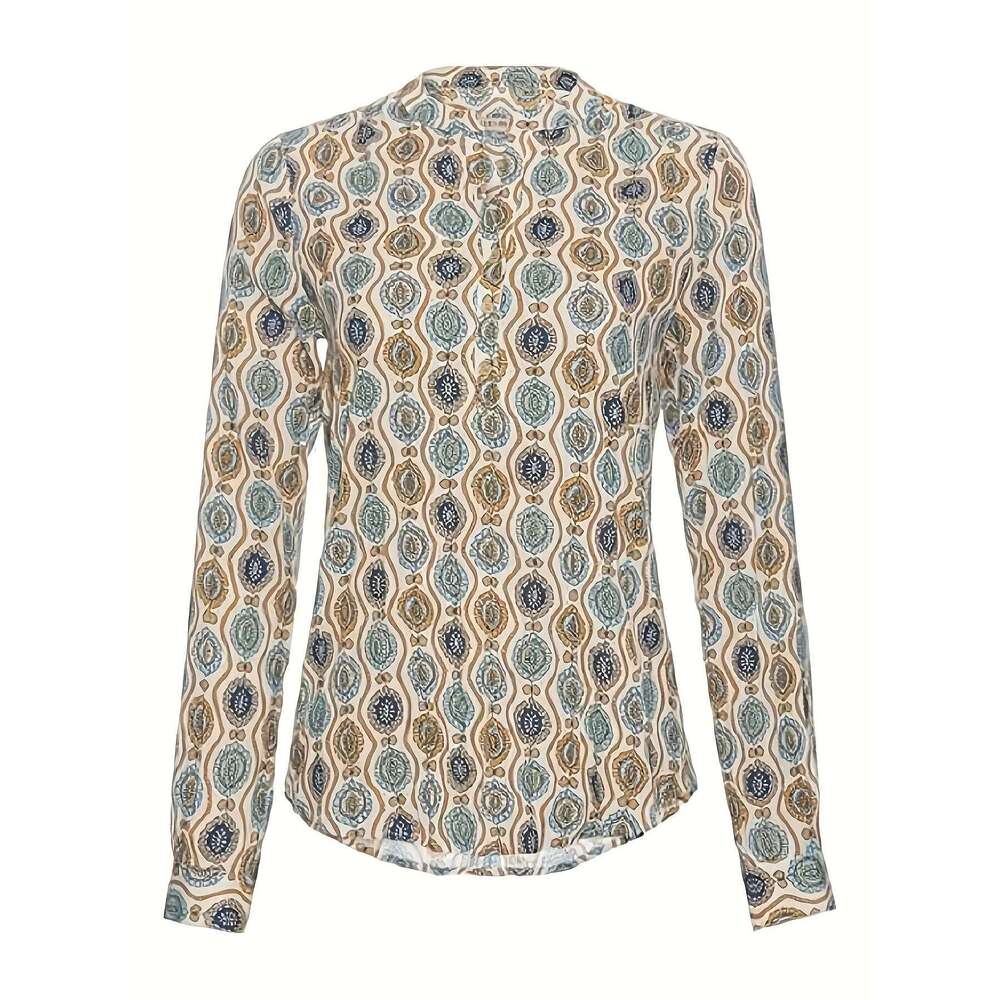 Boho Graphic Print V Blouse, Women's Long Sleeve Cowl Neck Form Fitting Casual Tunic Top Blouse