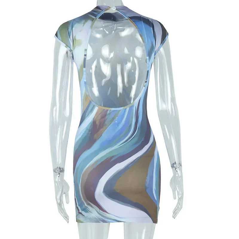 Basic Casual Dresses Fashion Women Tie Dye Print O-neck Backless Bodycon Mini Dress 2025 Sexy Sveless Slim Night Club Party Evening Dresses H25217