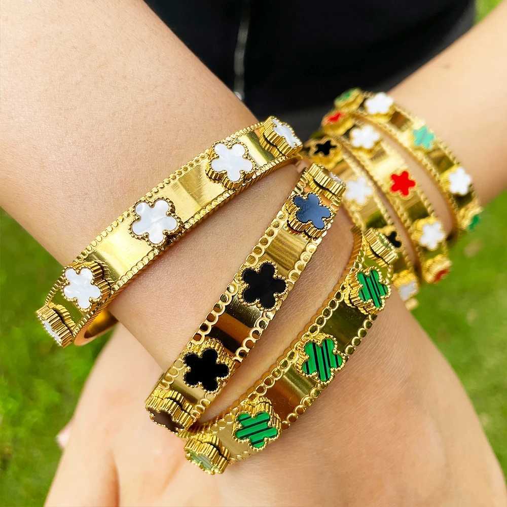 Bangle Classic Stainless Steel Black Green White Flower Bracelet Womens Metal Rust Resistant Wrist Jewelry Gift Party H250217