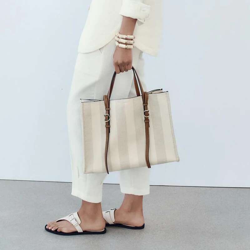 Stripe Printing Tote Bags For Women Designer Handbags Purses 2024 New In Casual Canvas Large Capacity Commuting Shoulder