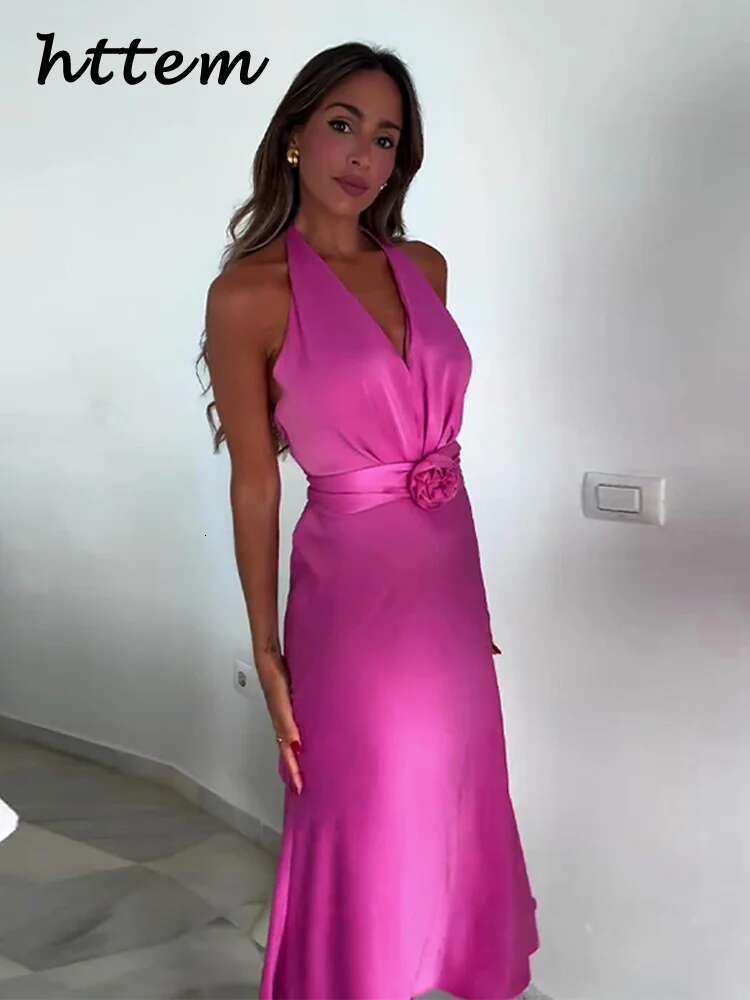 Elegant 3D Wers Halter Party Dress Women Sexy Backless Sleeveless Lace Up Pleated Dresses 2024 Summer Lady Solid Evening Robe