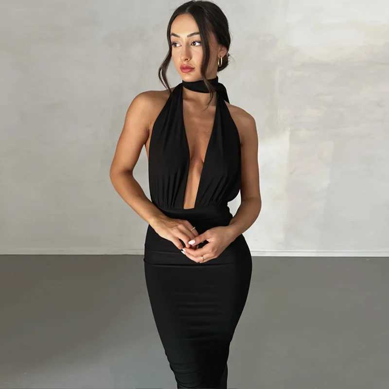 Basic Casual Dresses Lygens Backless Dp V Ruched Slit Slveless Midi Elegant WomenS Dresses 2024 Summer Evening Party Club Prom Casual Clothes H25217