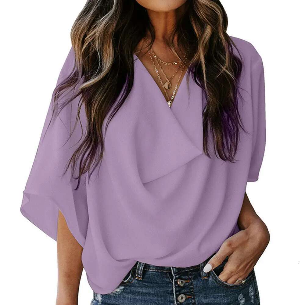 Jocoo Jolee Women Pullover Elegant Blouse Chiffon Flare Sleeve V-Neck Solid Pleated Loose Summer Office Lady Casual Basic Shirt