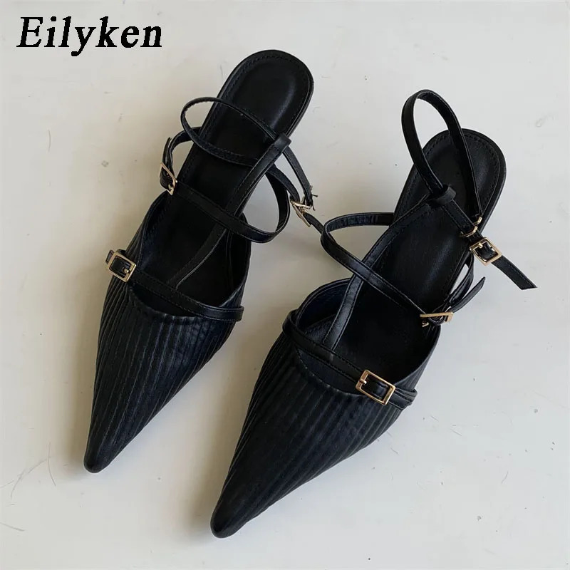 Eilyken Fashion Buckle Strap Women Pumps Street Style Pointed Toe Thin Low Heels Elegant Banquet Dress Mules Shoes 250314
