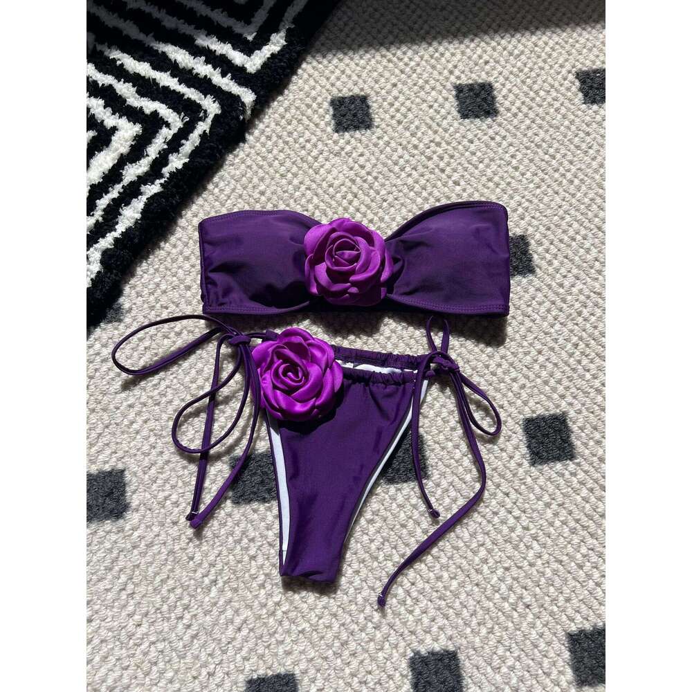 2025 New Solid Rose Bra with Drawstring Strap Split Swimsuit Bikini 9150 Womens Swimwear Triangle Bikini Thong Swimwear Holiday New Arrival New Produc