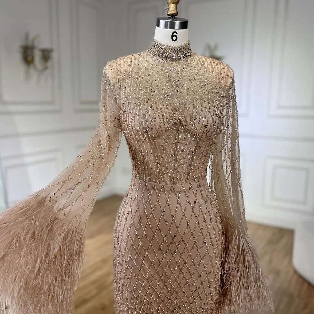Evening Party Dubai Gown Nude Illusion Lace Beaded Feathers Mermaid Long Evening Dress Customize