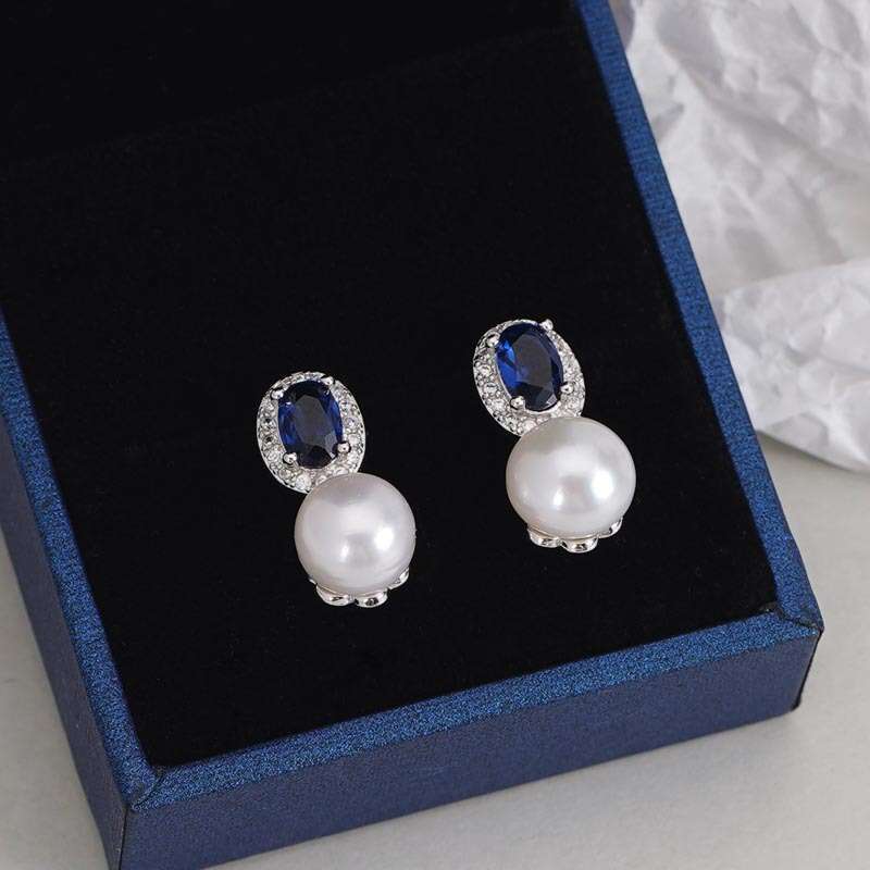 Tiqi S pure sier French freshwater pearl with women's palace style and blue zirconium inlay, niche high-end earrings