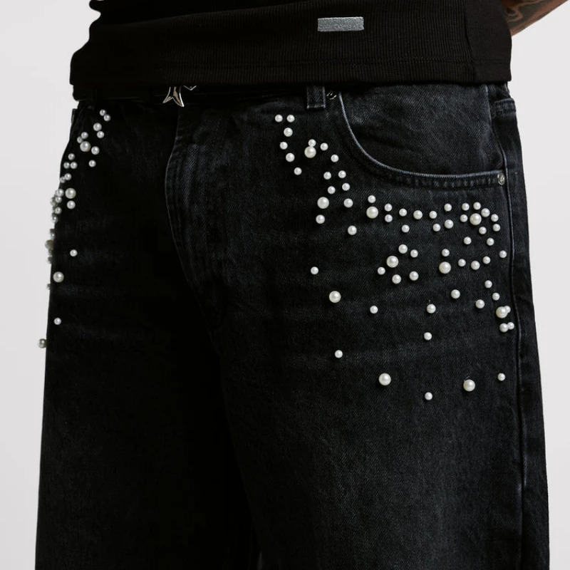 Y2K Pearl Baggy Jeans Solid Color Washing Front Pocket Decoration Men Women Streetwear Harajuku Retro High Street Straight Pants 250217