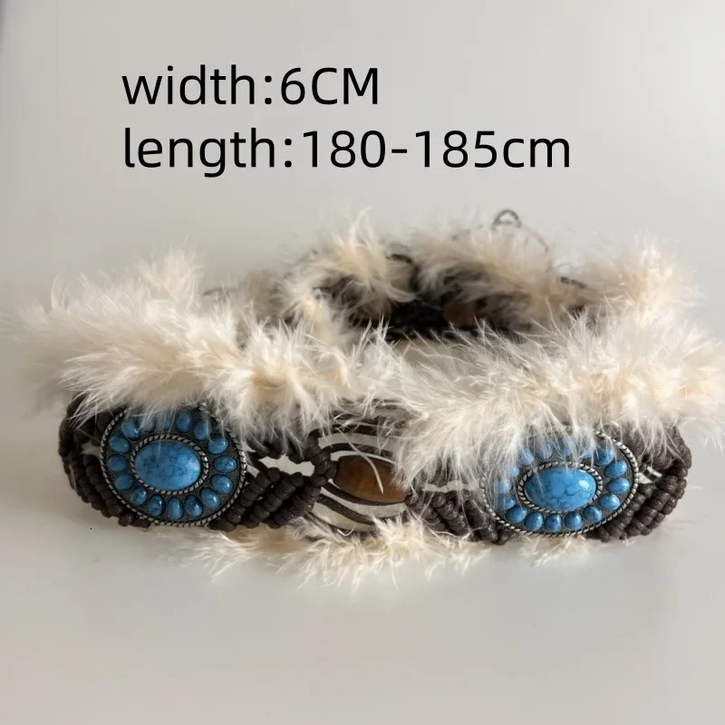 Bohemian Weave Fur Belts Vintage Cowgirl Belt Y2K Metal Plush Waxed Rope Waist Furry Fur Waistband Punk Night Club Beach 250214