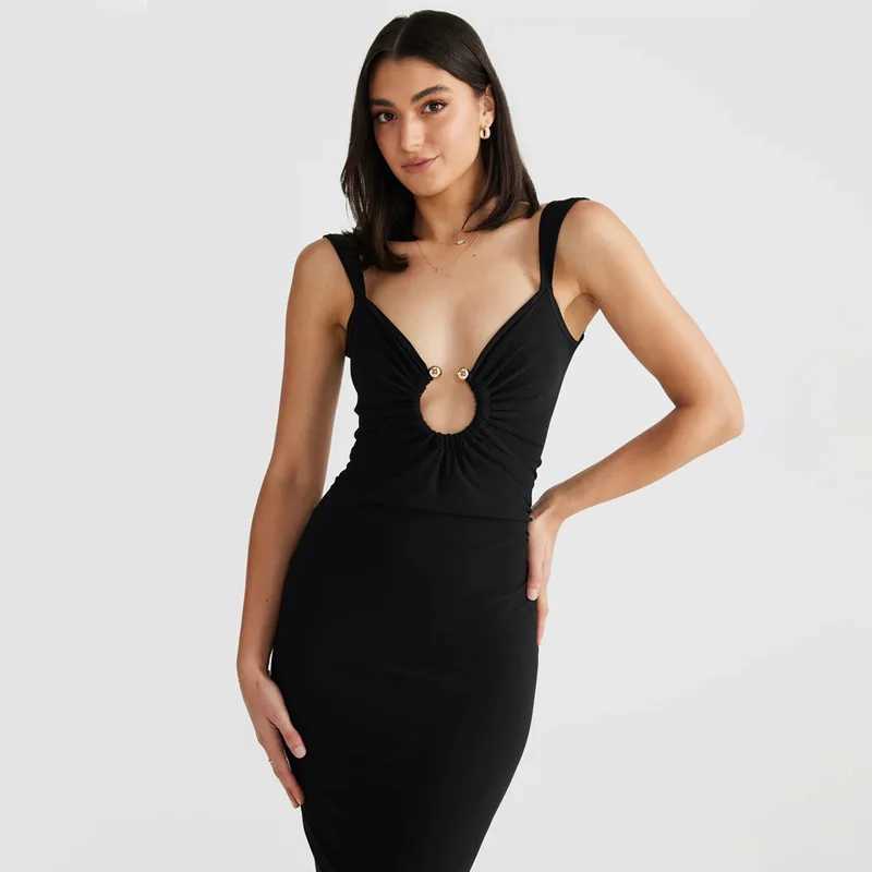 Basic Casual Dresses Lygens V Neck Slveless Backless Ring Bodycon Slit Long WomenS Dresses Elegant Evening Party Pronm Ladies Summer Clothing H25217