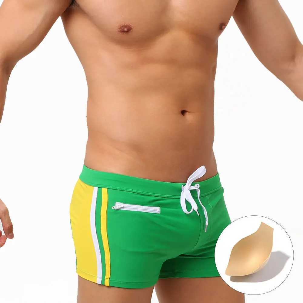 Color matching fashion boxer swimming pants with cup anti-light three-dimensional bag color beach pants boxers M250218