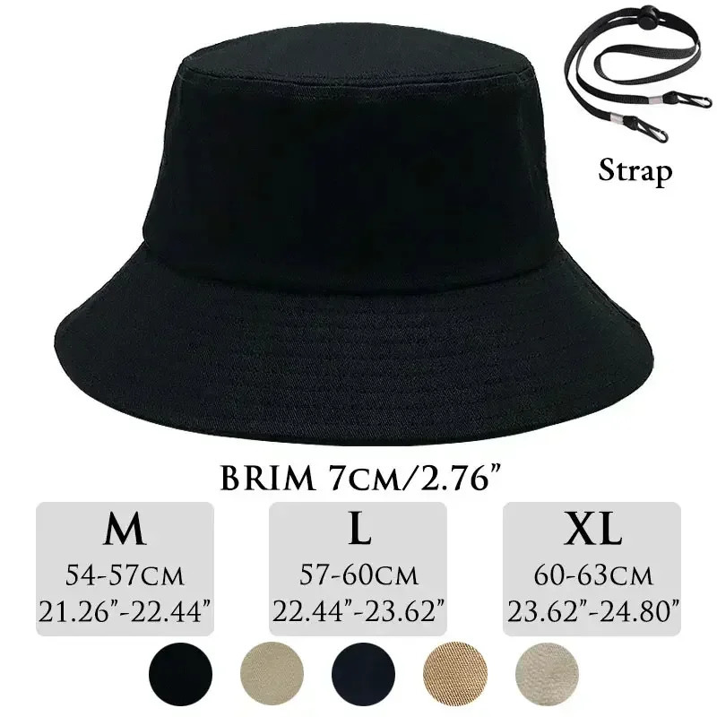 Big Head Bucket Hat 60-63cm Large Size Men Chin Strap Summer Cotton Sun Hat UPF50 Windproof Wide Brim Outdoor Cap Women 54-57cm 250218
