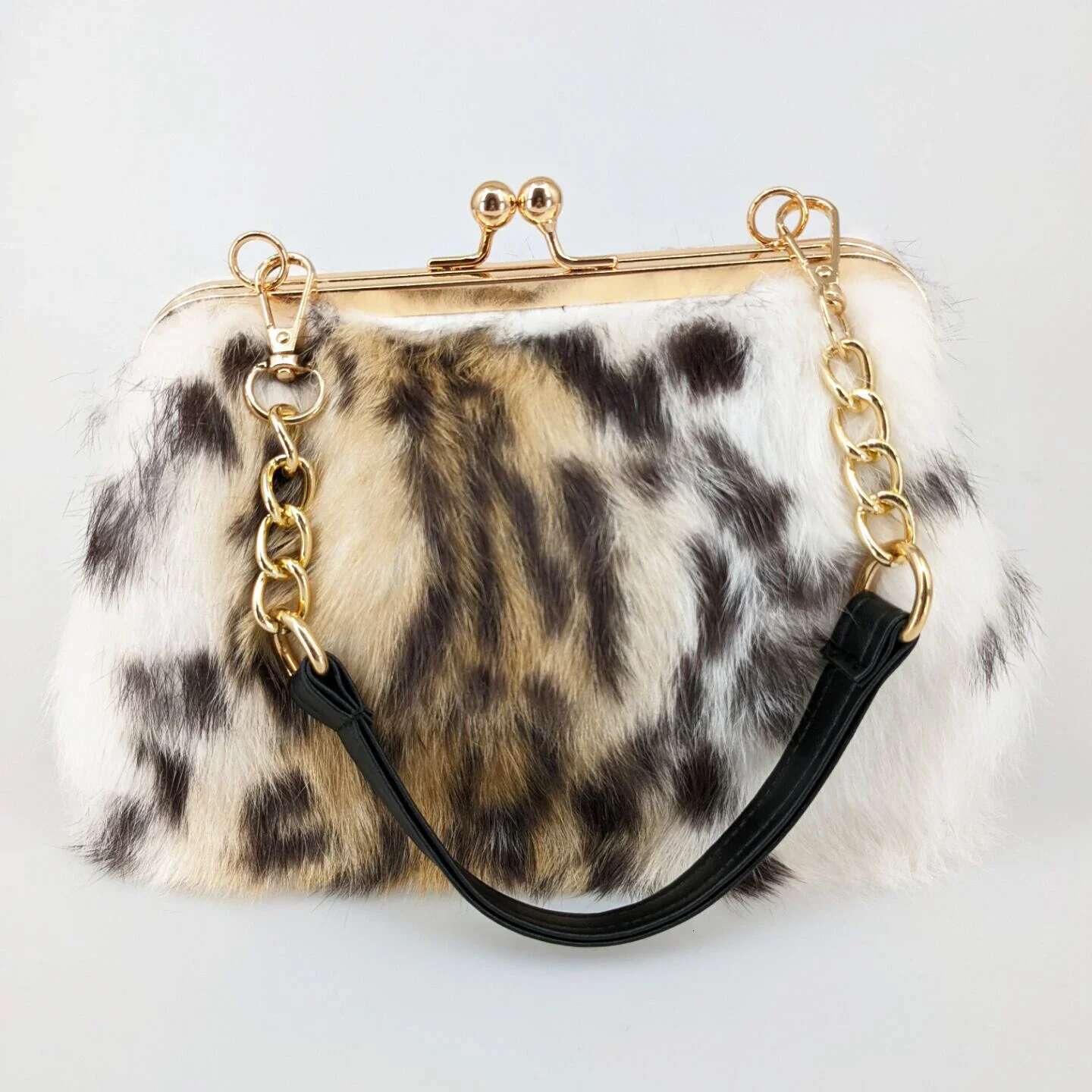 Natural real rabbit fur handbag women pearl purse elegant bag mini 2024 winter furry for party wedding white Leopard print