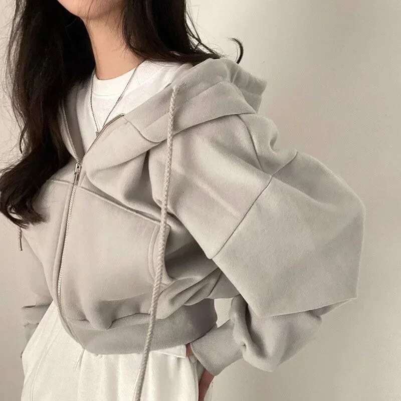 Korean Hoodies Autumn And Winter 2024 New Ins Plus Veet 100 Fashion Short Slim Zipper Warm Solid Color Hoodie Woman