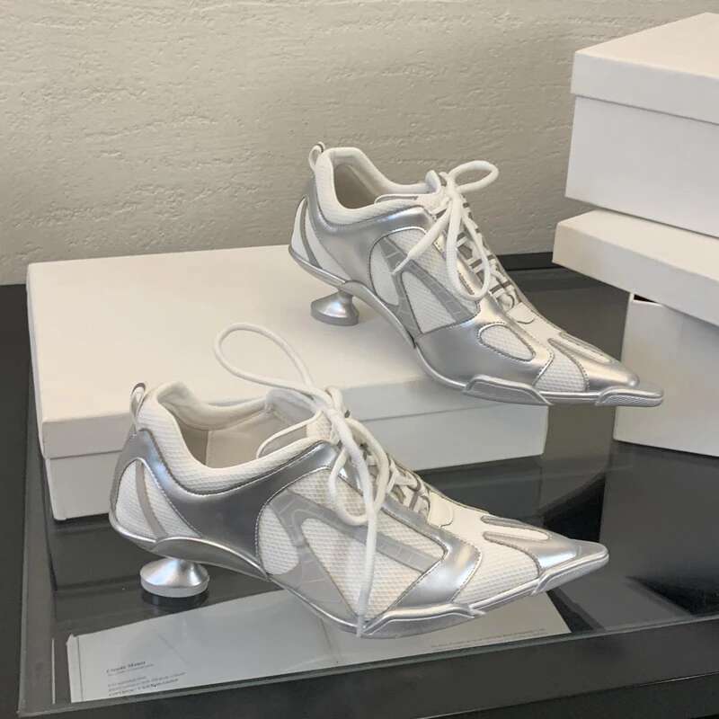 Low Sier Women Pointed Toe Lace Up Sports Style High Heels Comfort Ladies Pumps Black Spring 2025 Shoes