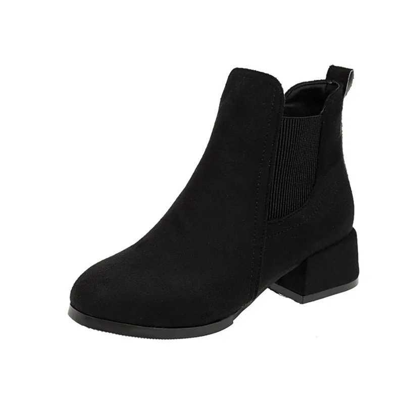 Women Ankle Boots Autumn Winter Boots Slip- Round Toe Square Heel Solid Casual Black Camel BootiesXJ250217
