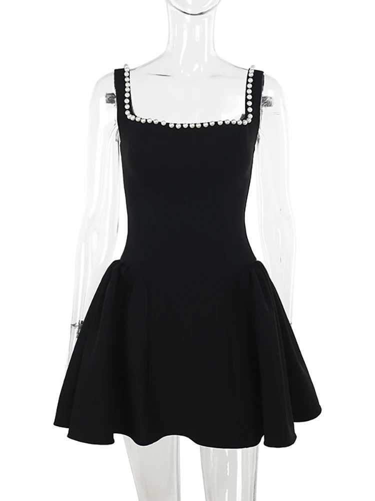 Basic Casual Dresses Fantoye Sexy Square Collar Pearl Women Dress Black Spaghetti Strap Evening Dress Female Spring Slim Elegant Party Clubwear 2025 H