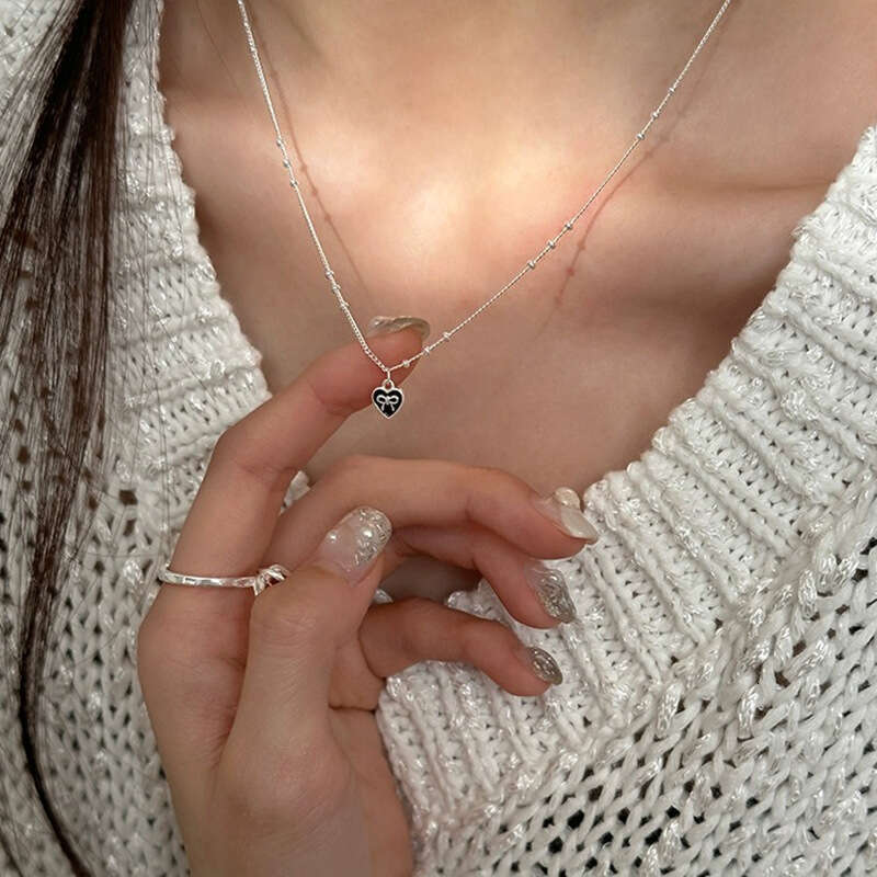 Tiqi Korean version S sier jewelry simple, creative and fashionable heart-shaped collarbone chain mini bow love necklace for women