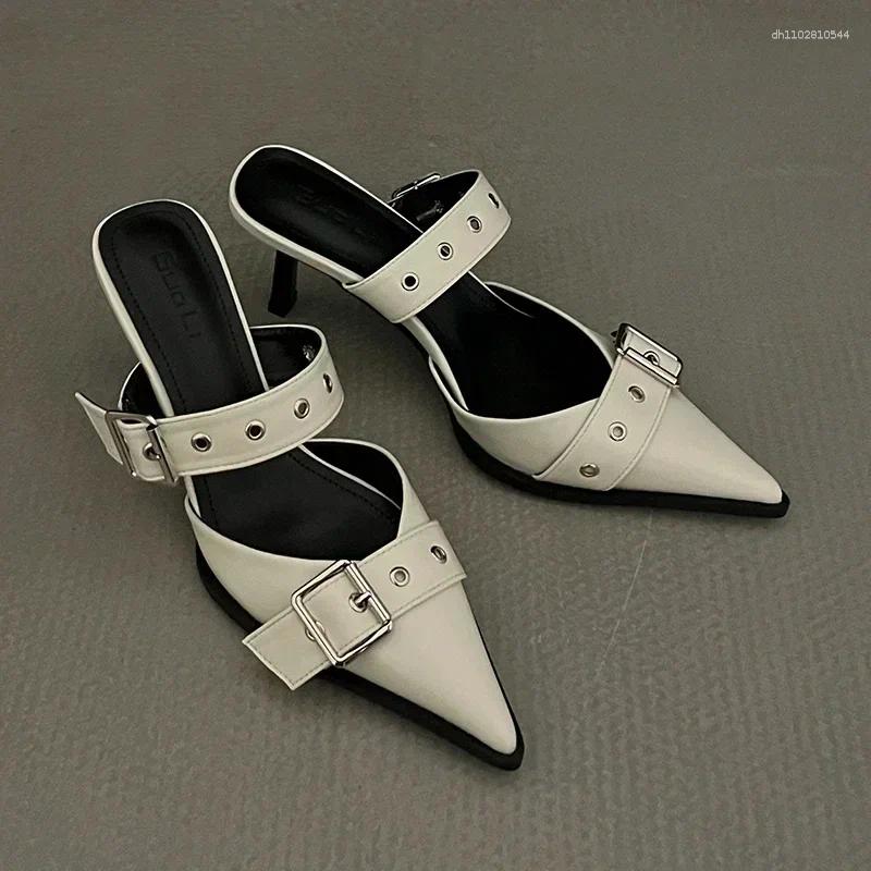 Dress Shoes Women's Sandals Summer Punk Goth Metal Buckle High Heels 2025 Pointed Toe Silver Party Fashion Womens Pumps Tacones