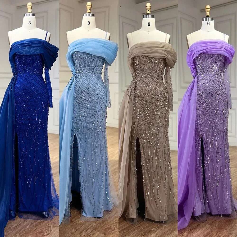 Arabic Blue Mermaid Elegant One Shoulder Evening Dresses Gowns Beaded Party Customize BLA