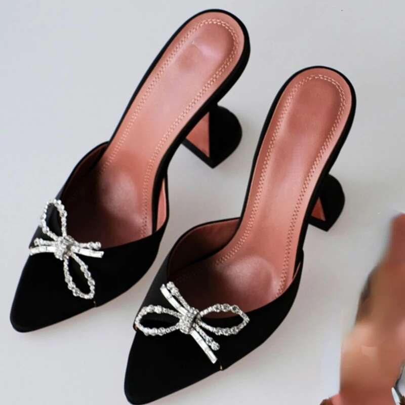 Bow Rhie Fish Mouth Open Toe High Heels Wine Cup Mid Heel Sandal Slippers Women