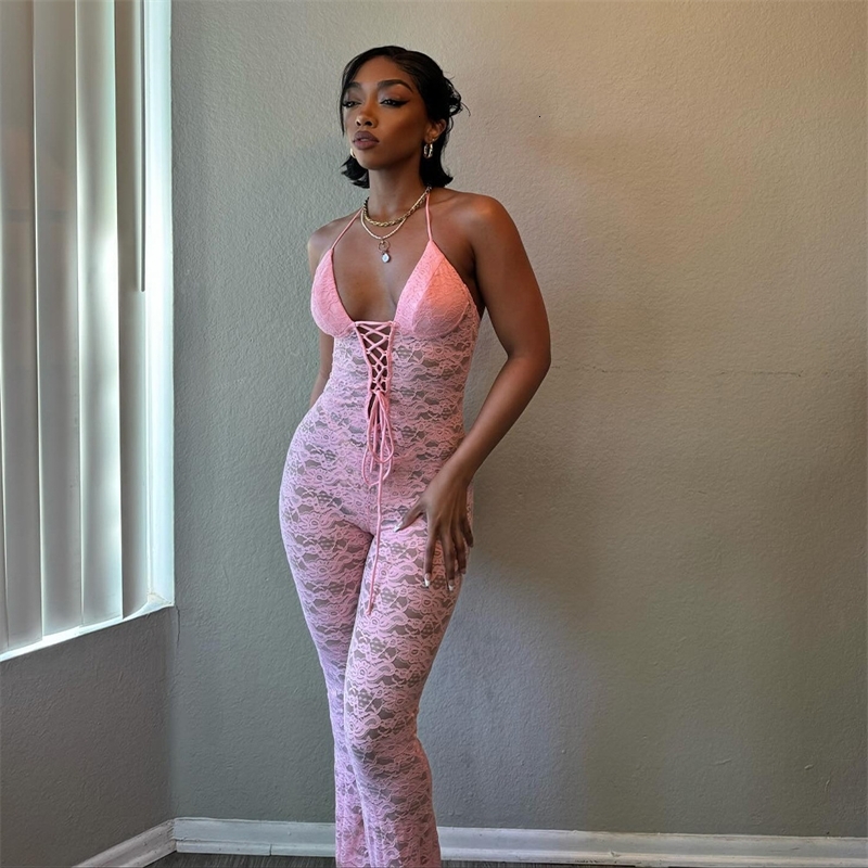 Women Jumpsuits Spring New Sexy Fashion Hollow Lace Perspective Backless Hanging Neck Slim Fit Rompers Summer