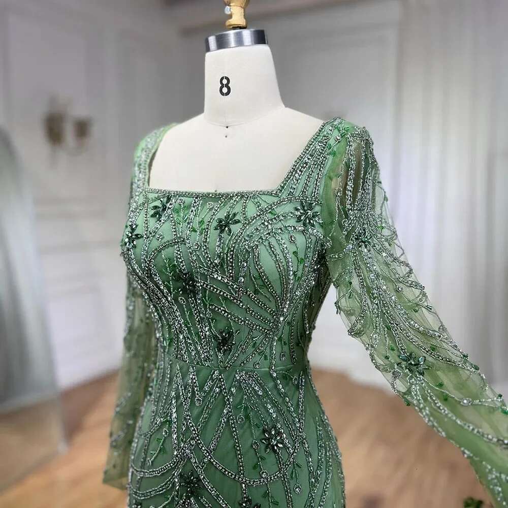 Green Dubai Mermaid Elegant Crystal Beaded Arabic Evening Dresses Gowns Customize Party