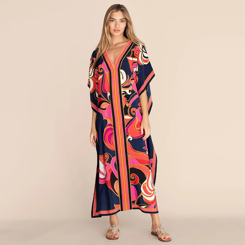 Kaftan dress oversized womens beach covering summer clothing kimono unprinted Vestido holiday 250212