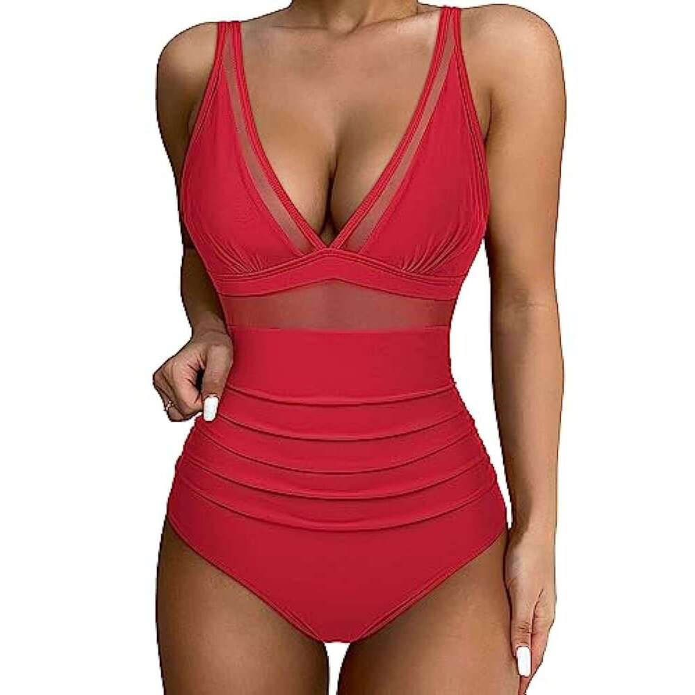 European and American popular one-piece swimsuit, y hollow mesh deep v gathering perspective bikini 2025 new casual versatile fashion clothing