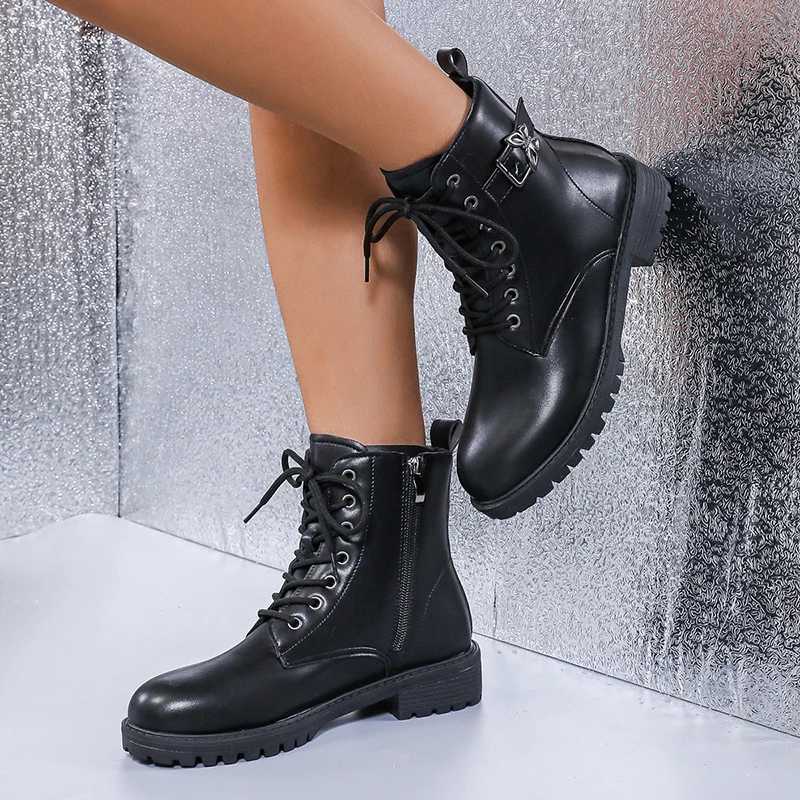 Punk Butterfly Buckle Ankle Boots Women Black Pu Leather Lace Up Motorcycle Boots Woman N Slip Platform Combat Botas Mujer 42XJ250217