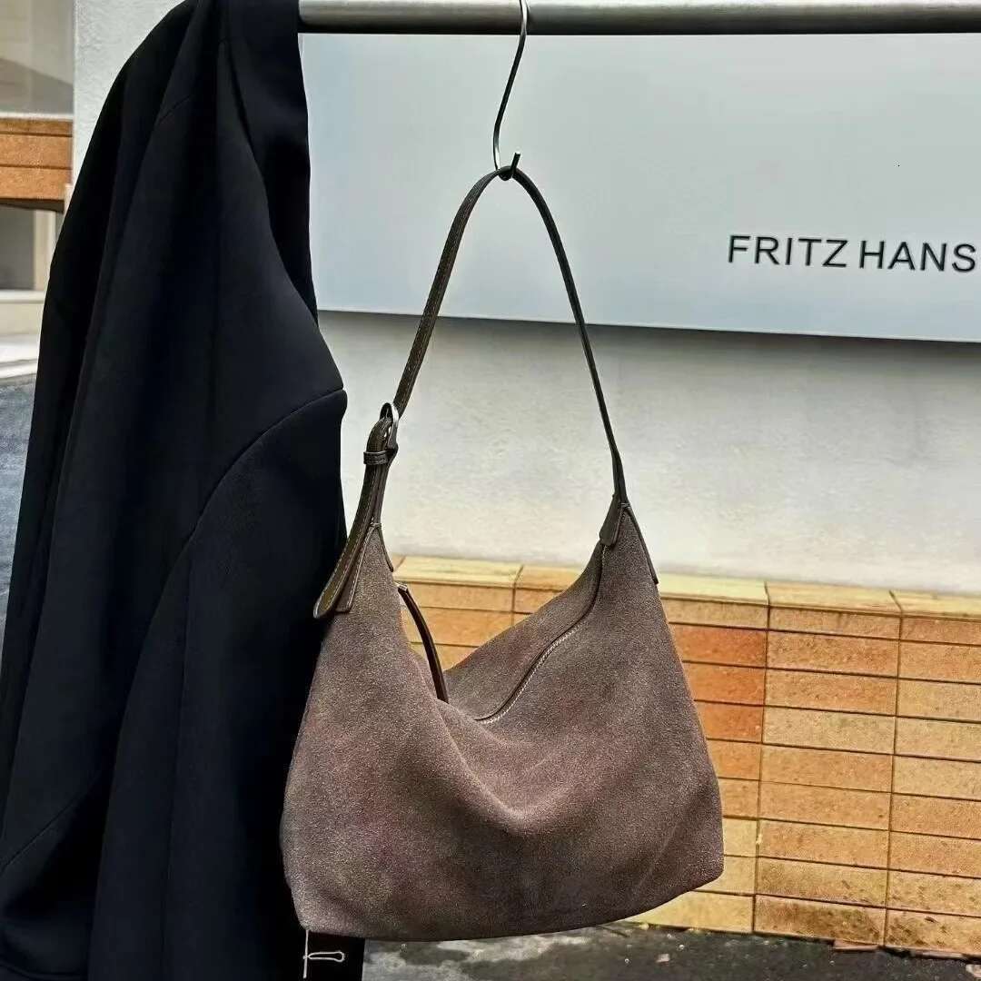 Fashionable Frosted Cow Long Handle Tote Winter Matte Suede Leather Women's Single-Shoulder Bag Grey Commute Handbag