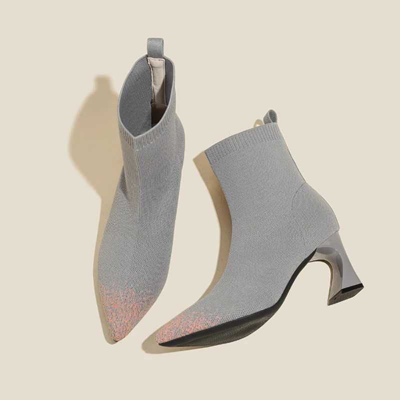 Woman Knitted Ankle Boots 2023 Autumn Womens Pointed Toe Sexy High Heel Pumps Ladies Outside Shoes Female Casual Short BootsXJ250217