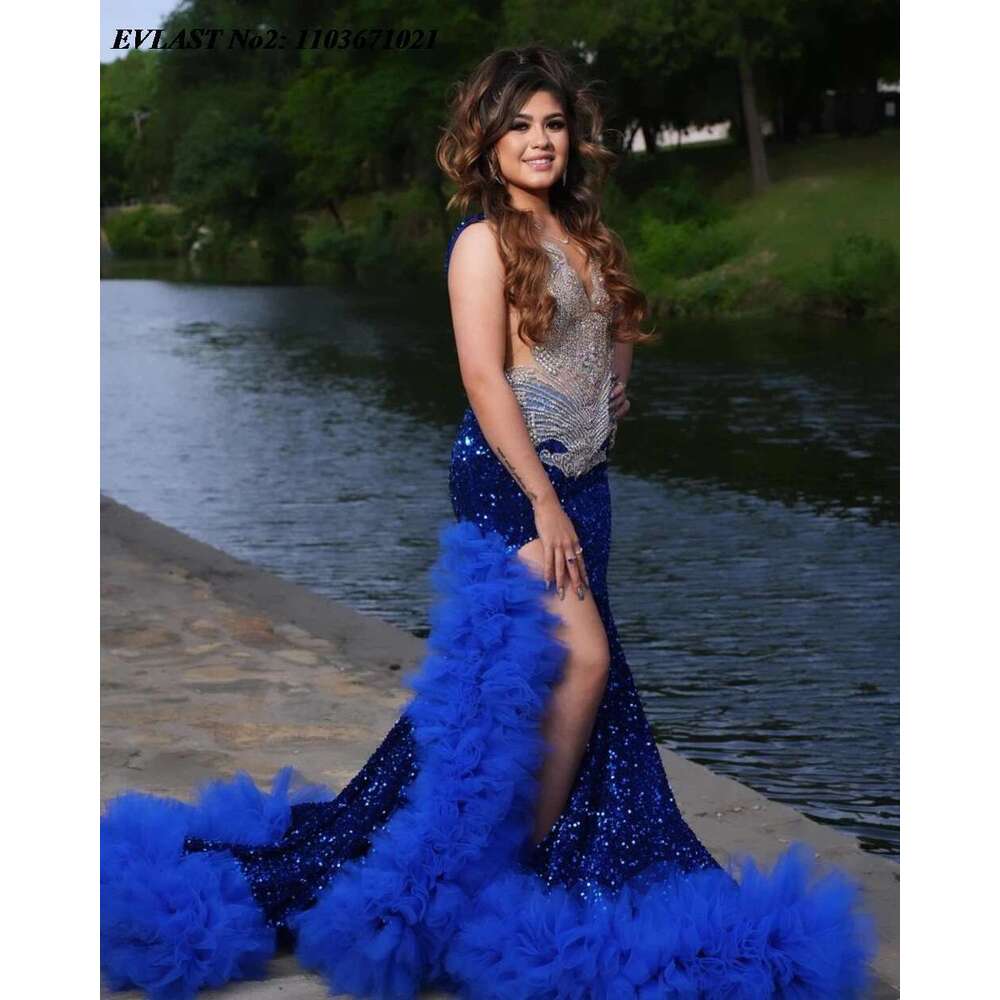 Customized EVLAST Shiny Royal Blue Sequins Evening Crystal Beading African High Slit Ruffles Prom Dress Party Gown E P