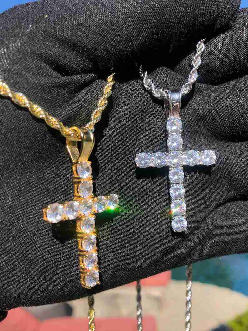 18K Gold Plated 925 Sterling Silver Cross Pendant VVS1 Iced Out Moissanite Pendant Necklace Mens Hip Hop Jewelry