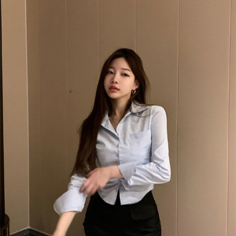 Korean White Office Women Chiffon Shirt Pocket Button Lapel Ladies Blouse Spring Long Sleeve Female Crop Tops 250217