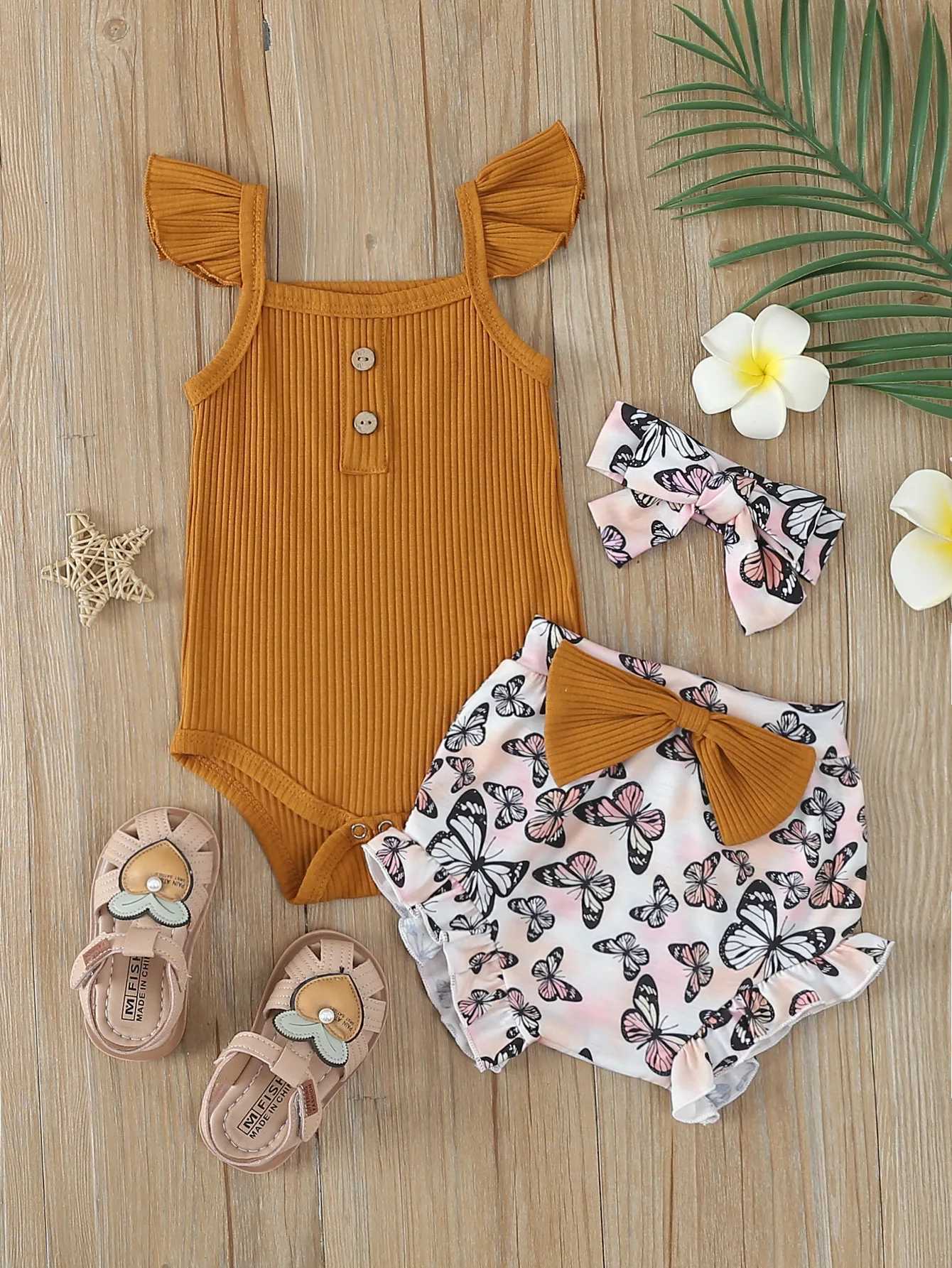 Summer Newborn Baby Girl Clothes Set Sleeveless Bodysuit Printed Shorts 3pcs Clothing Suit Baby Girl Clothes For 0-1Years W250218
