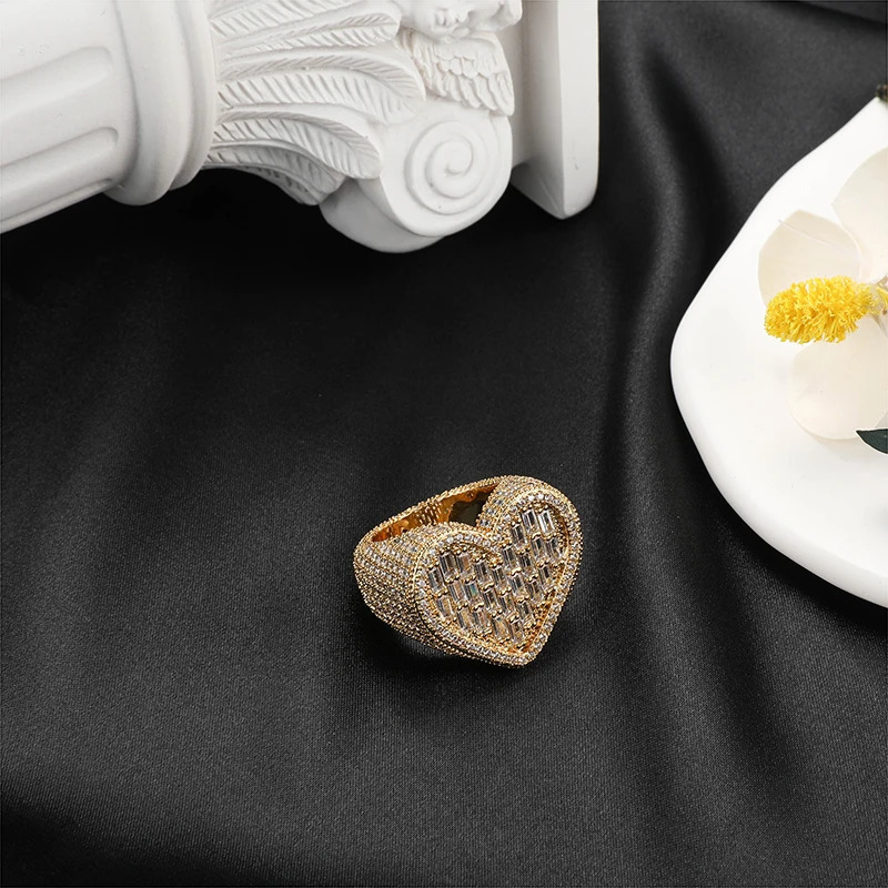 Hip Hop Iced Out Bling Charm Heart Baguette Ring Mens Gold Silver Color Cubic Zirconia Ring For Men Women Jewelry Gift 250214