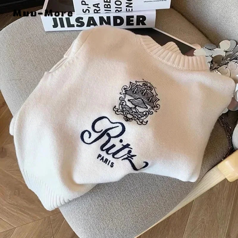 Letters Embroidery Pullover Sweater Spring Autumn Women Round Neck Long Sleeve Knitwear Jumper Female Casual Tops 250217