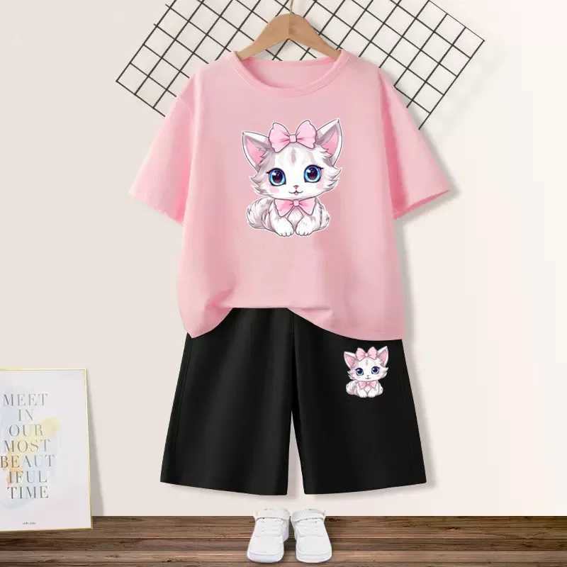 Girl Cute Cat Printed Clothing Set Childrens Summer Fashion Short sleeved T-shirt+Shorts 2-piece Set Childrens Clothing W250218