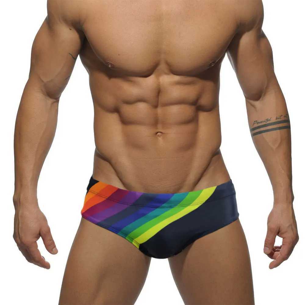 Swimsuit Rainbow Print Low Waist Mens Triangle Swimsuit Cup Anti-Embarrassment Tether Beach Pants M250218
