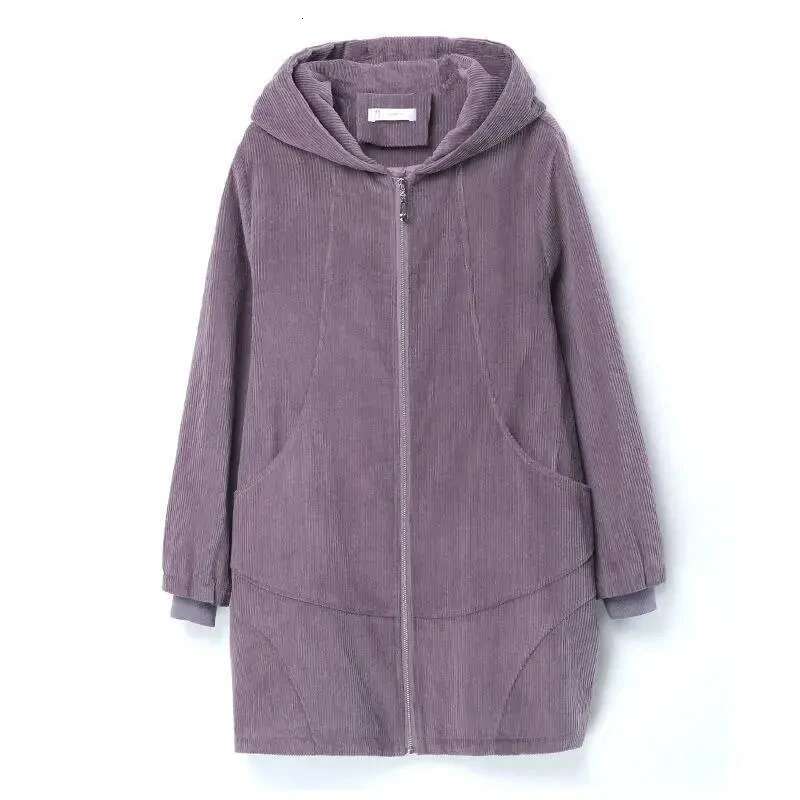Spring Autumn 2024 New Thin Corduroy Coat 5Xl Women's Medium Long Hooded Jacket Loose Casual Female Zipper Windbreaker Overcoat
