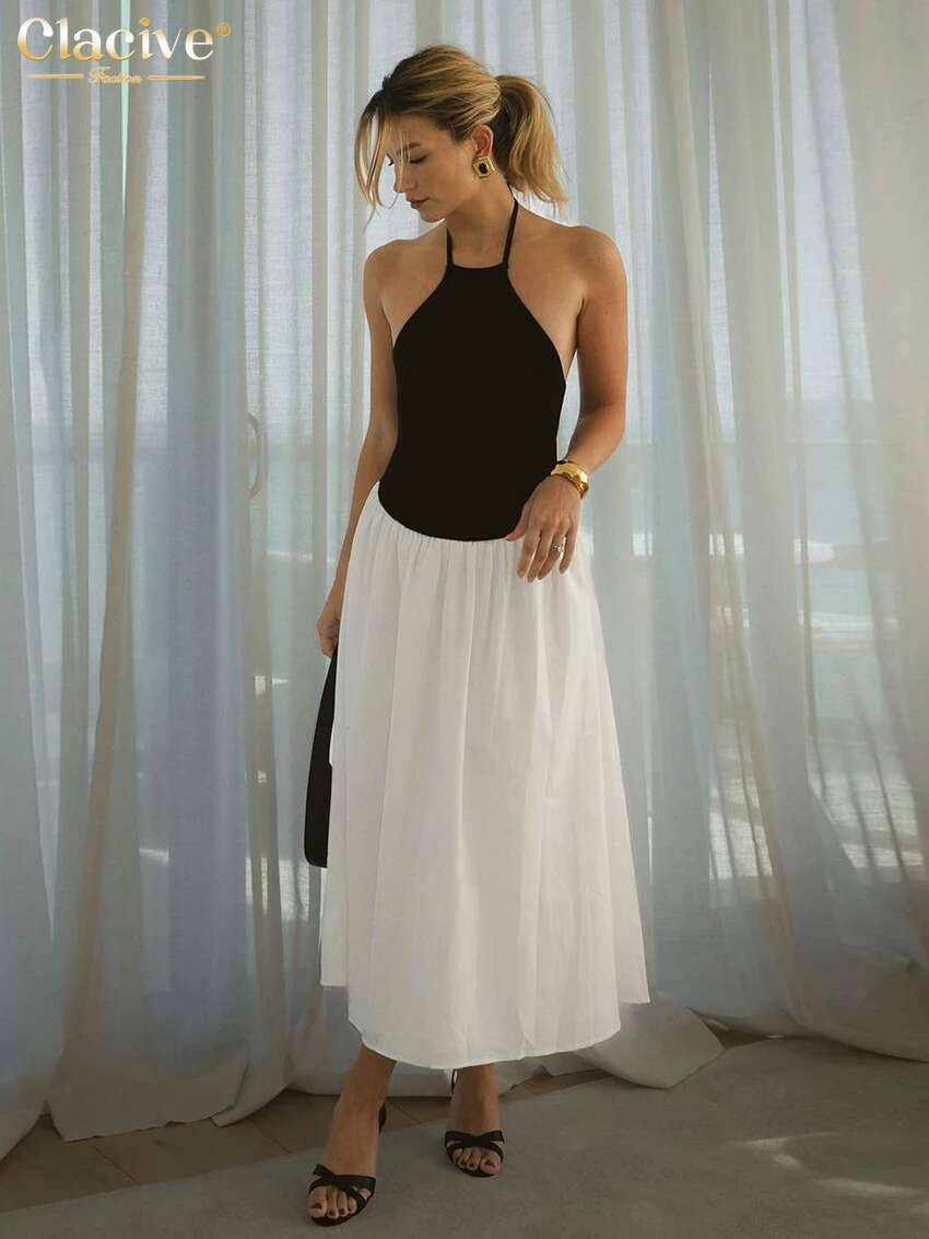 Clacive Summer Slim Patchwork Women's Sexy Halter Sleeveless Ankle Length Dresses Elegant Classic Pleated Female Dress