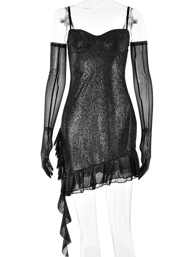 Basic Casual Dresses Fantoye Sparkling Bright Silk Ruffle Edge Women Dress Black Spaghetti Strap Gloves Dresses Winter Skinny Elegant Party Clubwear H