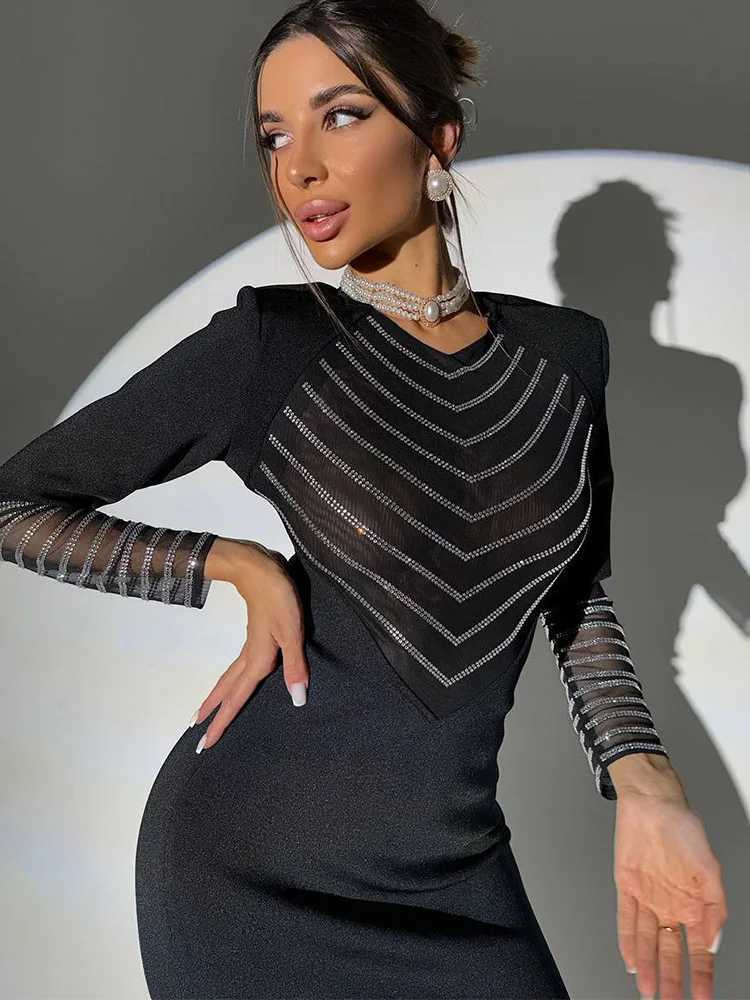 Basic Casual Dresses Ahagaga Mesh Rhinestone Dresses Fashion Patchwork Solid V-Neck Slim Fit Long Slves Diamonds Party Maxi Female Vestidos Robes H252