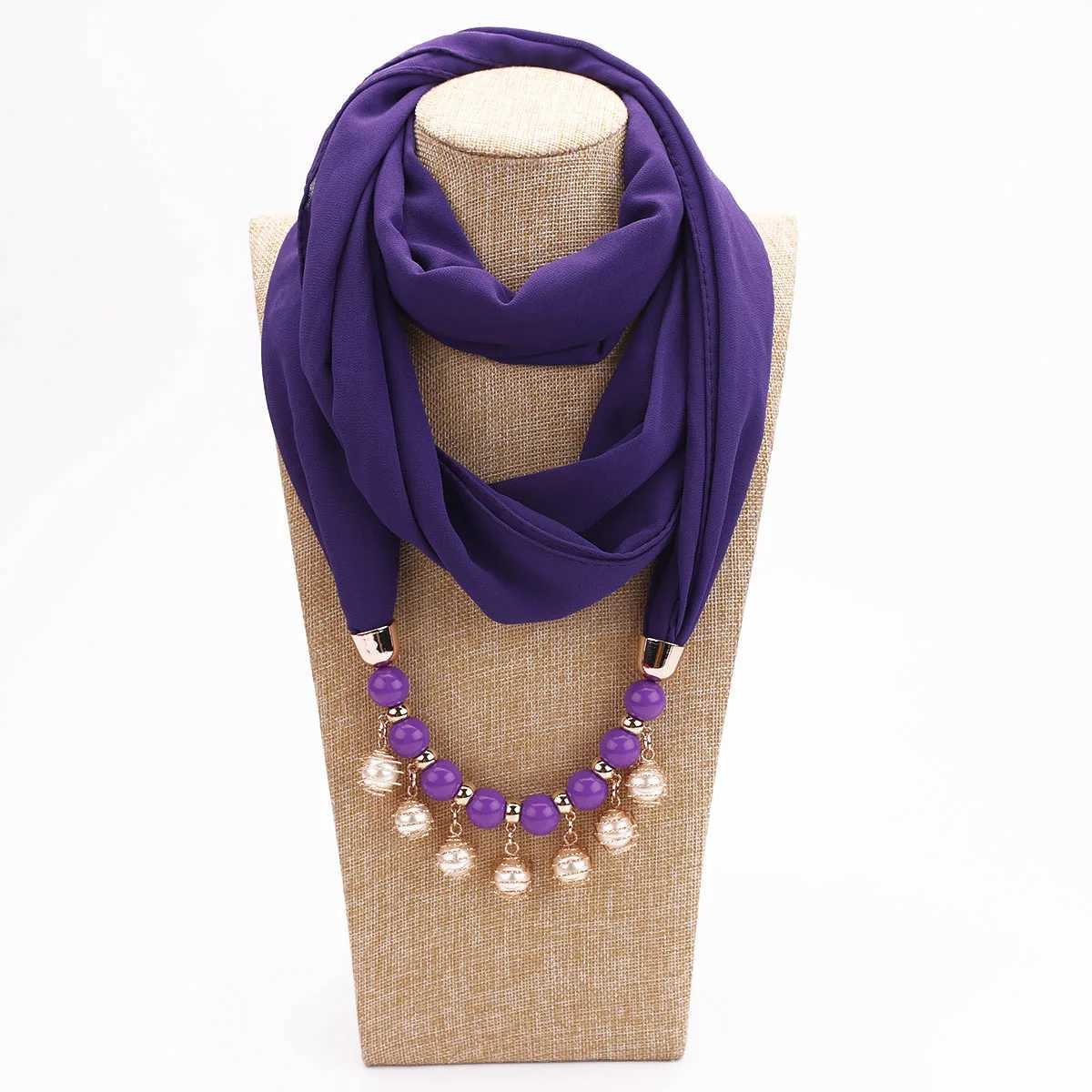 Womens Chiffon Neckerchief Hijabs Scarf Necklaces Beads Pearls Solid Color Jewelry Shl Pendant Scarves Bohemia Head Scarf W250218
