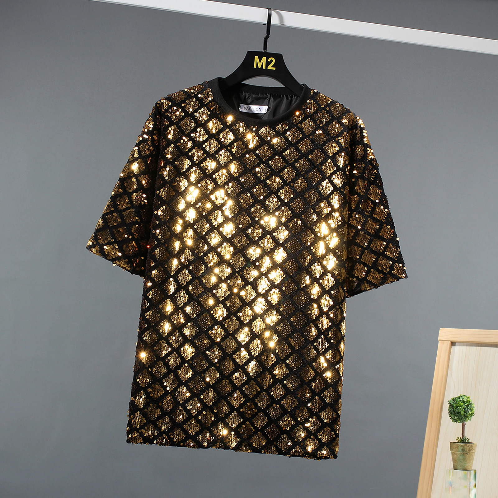 2025 Shiny Sequin Short Sleeve T-shirt Nightclub DJ Hip Hop Punk Tshirt Stage Costume Mens Harajuku Streetwear 250217