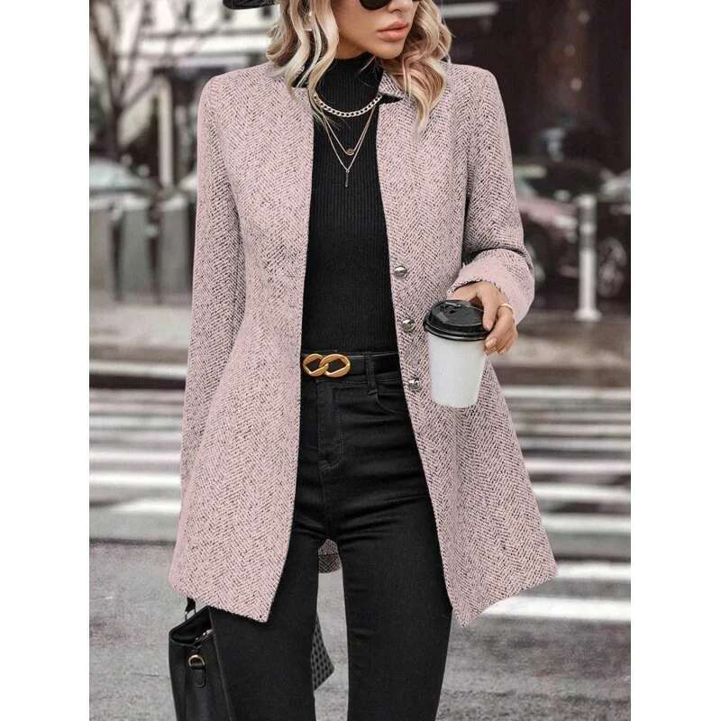 Europe And The United States Cross-Border 2024 New Long Sleeve Solid Color Standing Collar Button Trench Coat Fashion Women Casu